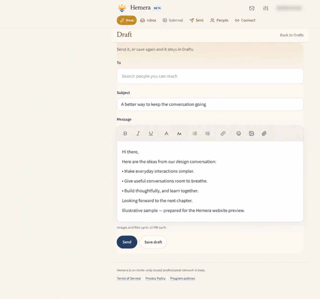 Actual Hemera.email draft screen with illustrative message content; account handle blurred