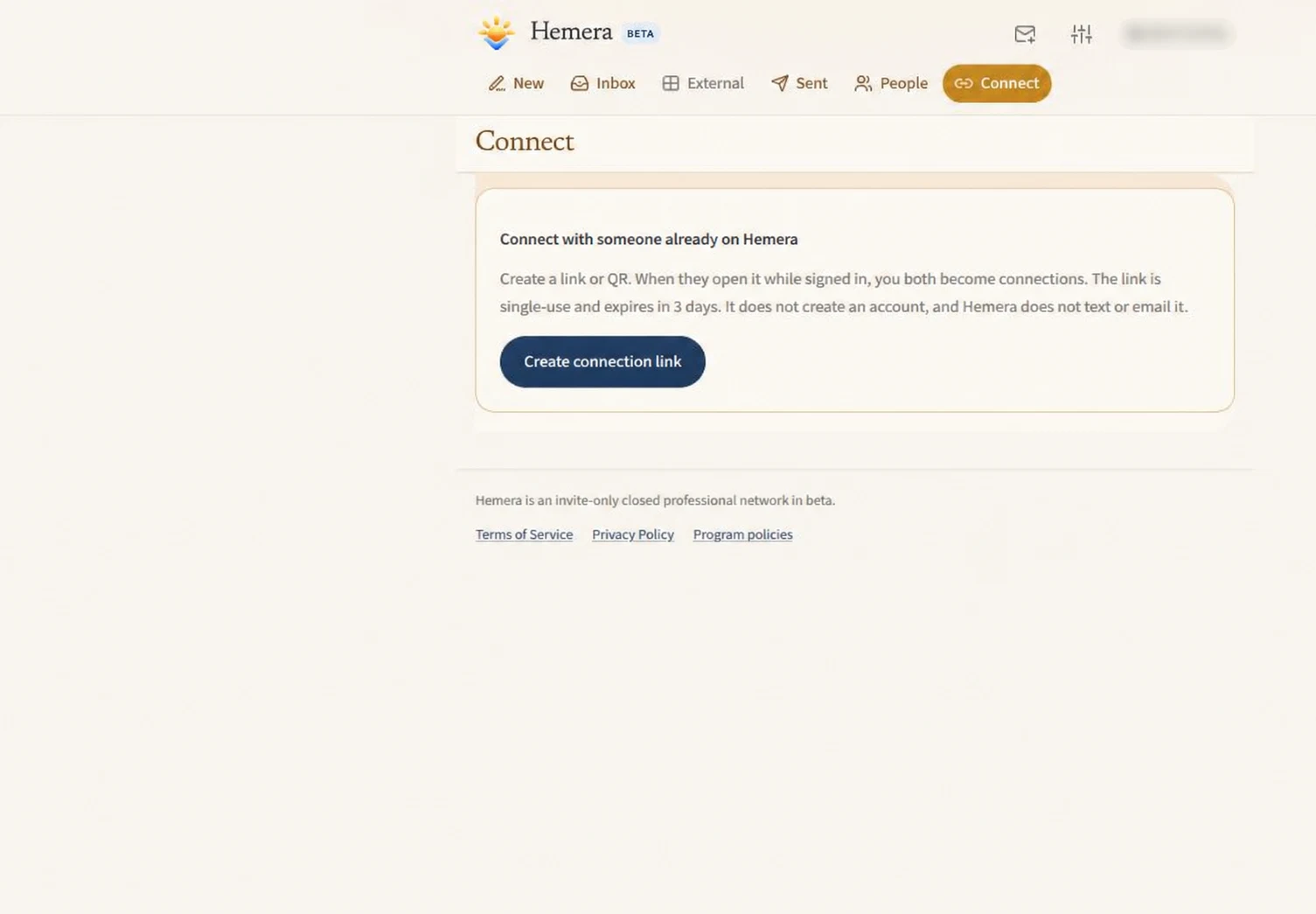 Actual Hemera.email Connect screen for connecting with someone already on Hemera; account handle blurred