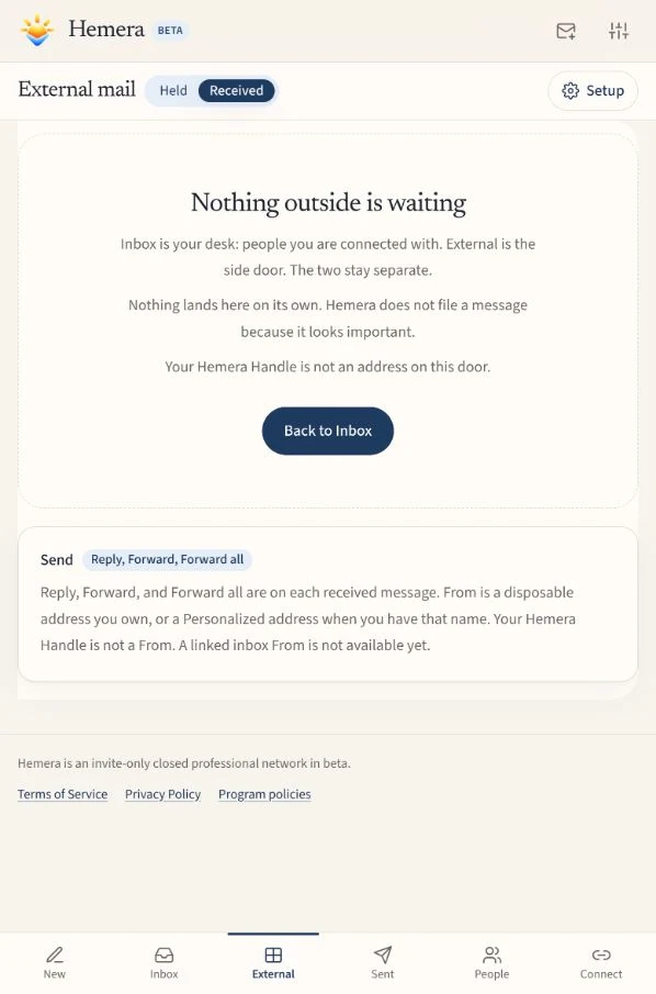 Actual Hemera.email screen for the separate legacy-email area, currently labelled External in the app